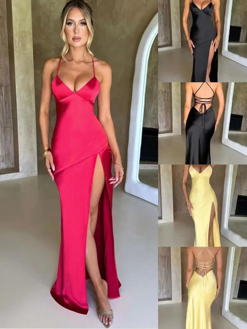 Vestido Longo de Cetim com Fenda e Decote nas Costas Modern Stela